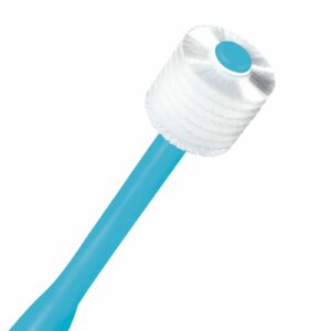 Close up with round bristle head of the Brilliant special soft toothbrush